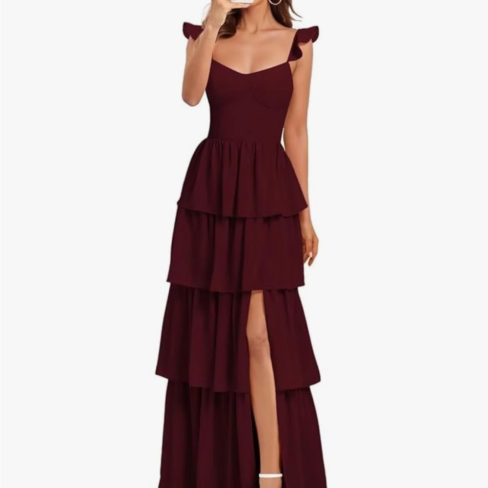 Elegant Burgundy Tiered Evening Gown